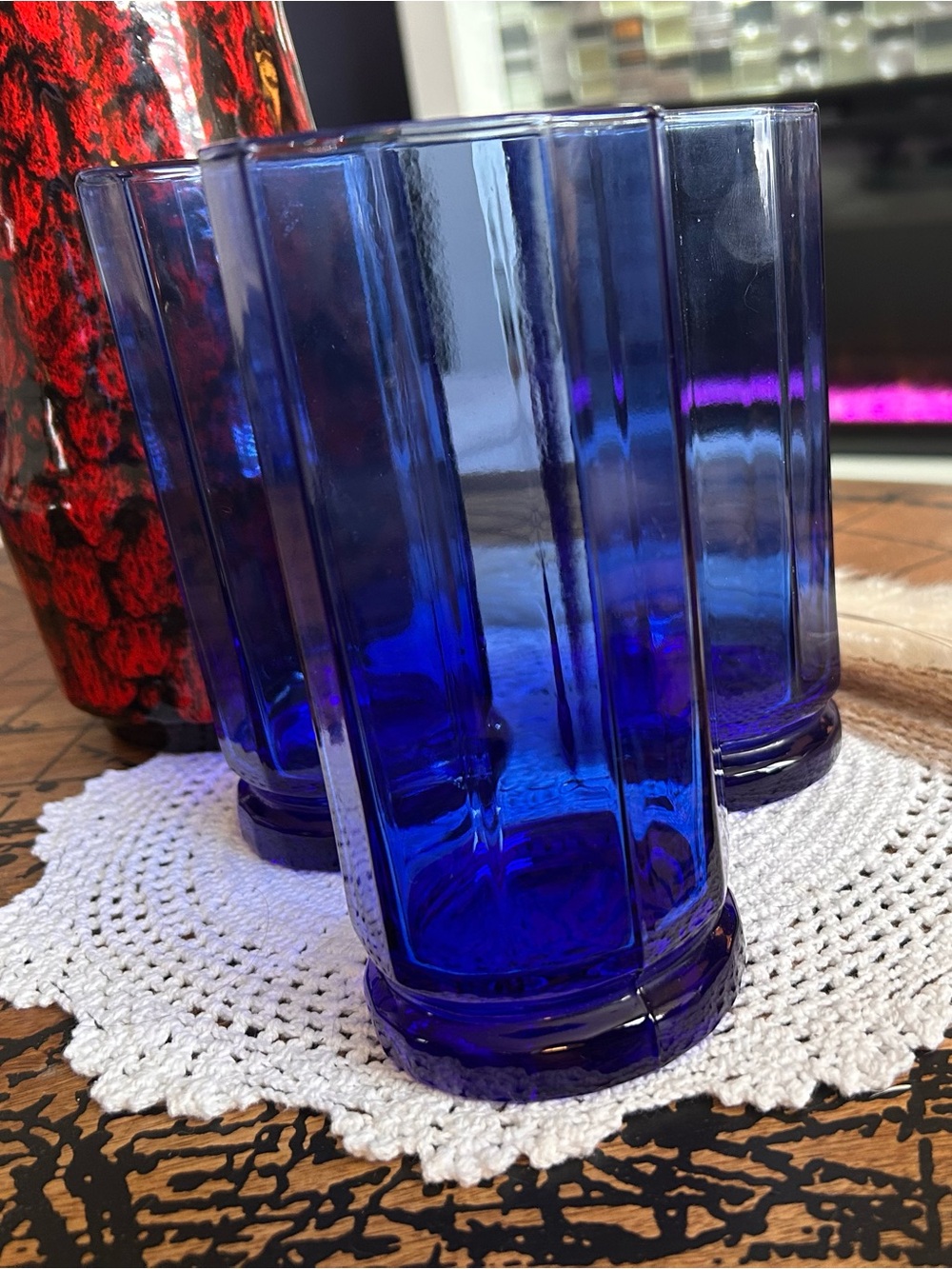 Anchor Hocking Essex Cobalt Blue Tumblers | Decagon Panel Retro Glassware Set